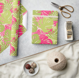 Papel De Regalo Hoja tropical de monstera vibrante y audaz rosa y