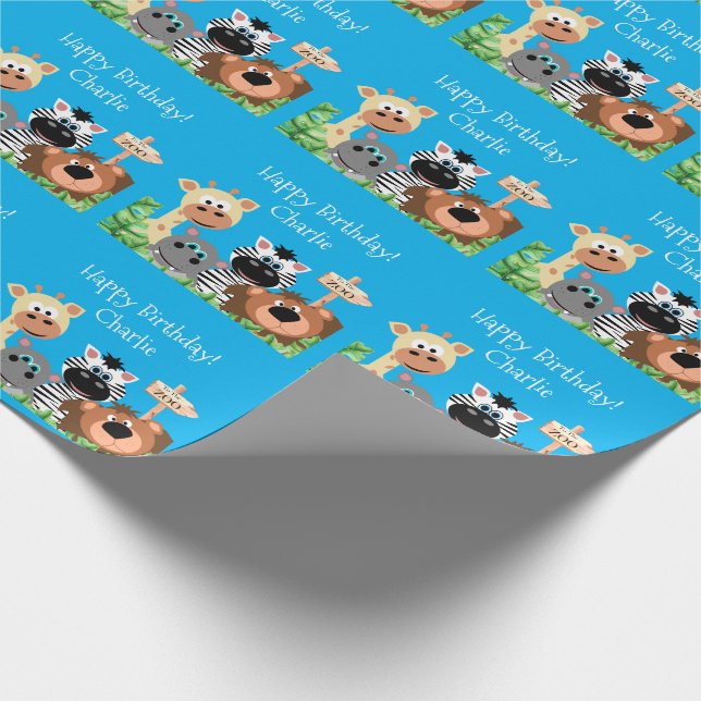 Papel De Regalo Hoja verde de cumpleaños de animal zoológico perso (Esquina)