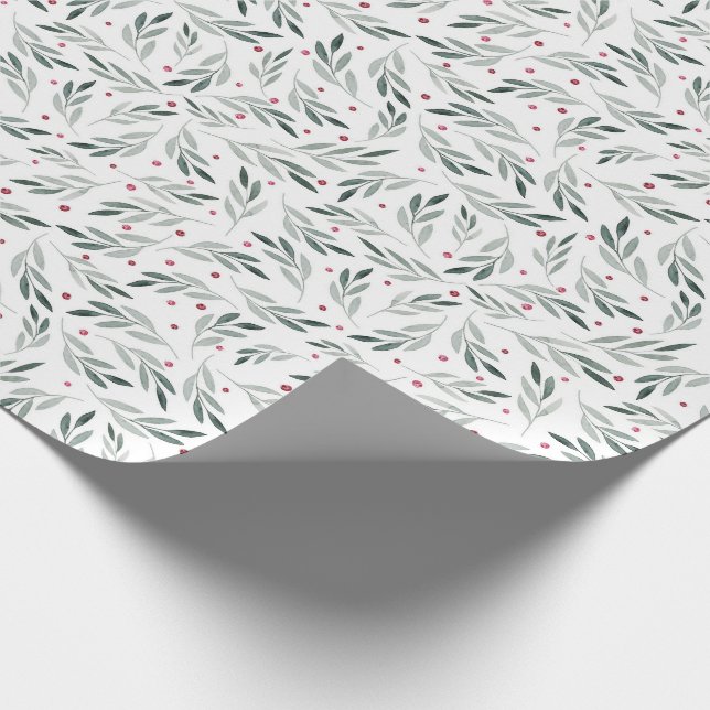 Papel De Regalo Hojas acuarelas y Navidades de bayas rojas (Esquina)