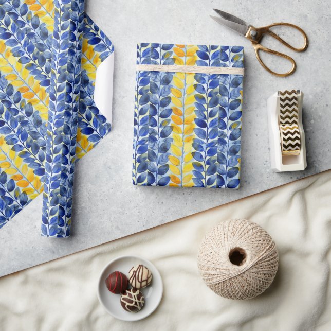 Papel De Regalo Hojas amarillas y azules (Artesanía)
