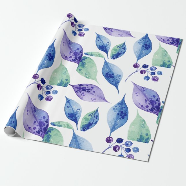 Papel De Regalo Hojas azules de acuarela (Desenrollado)