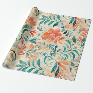 Papel De Regalo Hojas azules rusas y patrón floral Naranja rojo