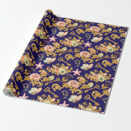 Papel De Regalo Hojas de Acanto con Oro sobre Azul