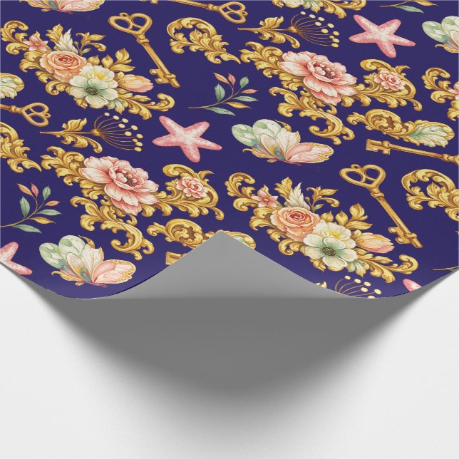 Papel De Regalo Hojas de Acanto con Oro sobre Azul (Esquina)