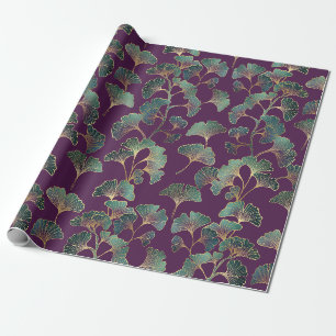 Papel De Regalo Hojas de Ginkgo Tael de Lujo sobre Púrpura Profund