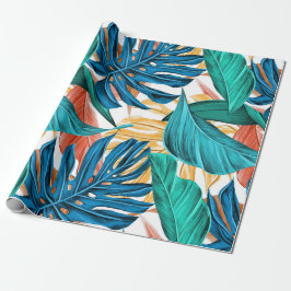 Papel De Regalo Hojas de jungla tropical de moda naranja amarillo 