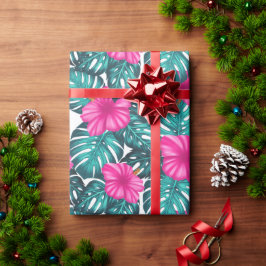 Papel De Regalo Hojas de Monstera e Hibiscus, rosa Verde azulado e