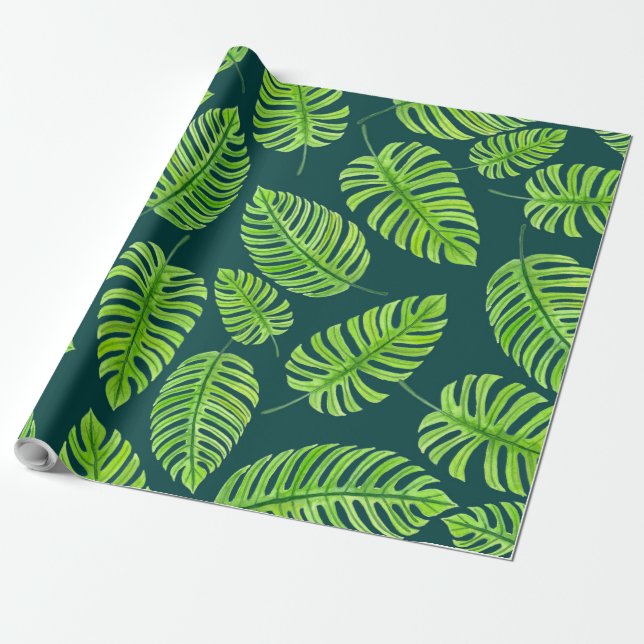 Papel De Regalo Hojas de monstera, patrón de acuarela tropical (Desenrollado)