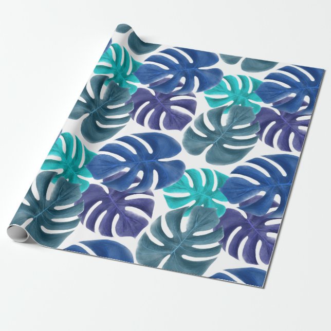 Papel De Regalo Hojas de Monstera Tropical Royal Blue & Aqua (Desenrollado)
