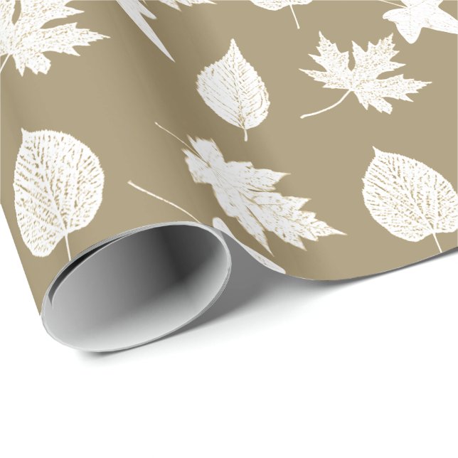 Papel De Regalo Hojas de otoño - blanco y taupe (Esquina del rollo)