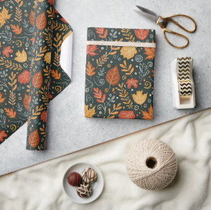 Papel De Regalo Hojas de Otoño Boho Caprichosas sobre Negro