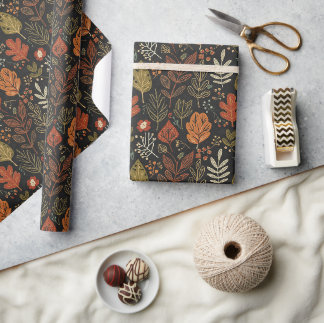 Papel De Regalo Hojas de Otoño Boho Caprichosas sobre Negro
