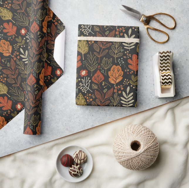 Papel De Regalo Hojas de Otoño Boho Caprichosas sobre Negro (Artesanía)
