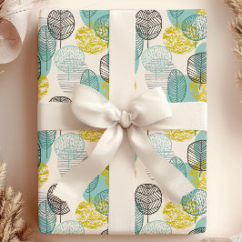 Papel De Regalo Hojas de otoño en azul verde y dorado