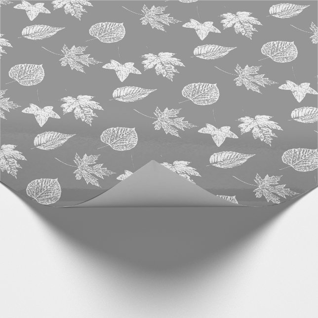 Papel De Regalo Hojas de otoño - gris de plata y blanco (Esquina)