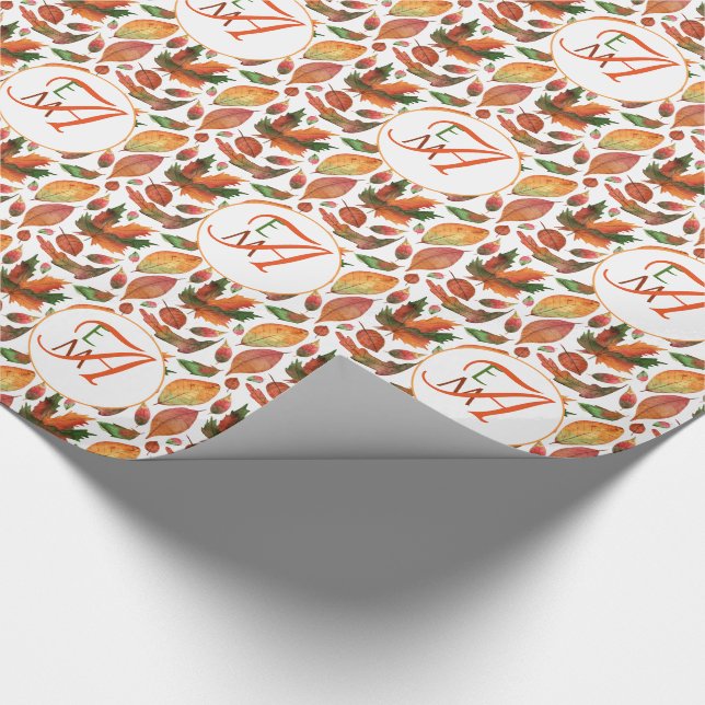 Papel De Regalo Hojas de otoño monogramadas caen decoración naranj (Esquina)