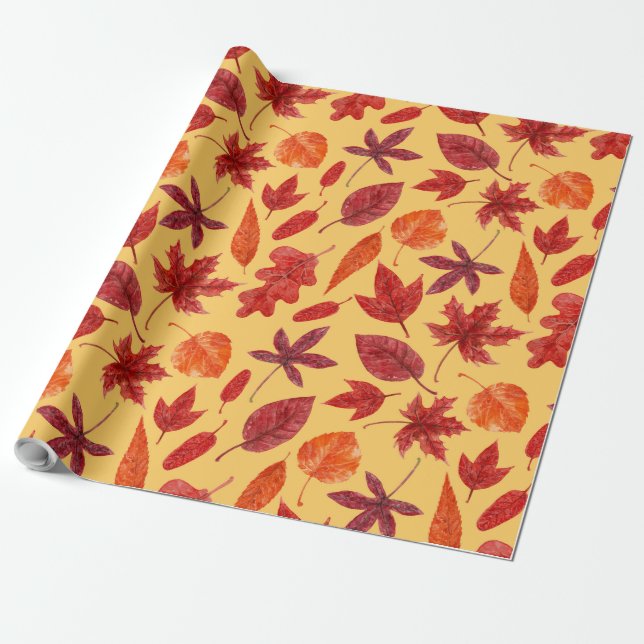 Papel De Regalo Hojas de otoño rojas acuarela (Desenrollado)