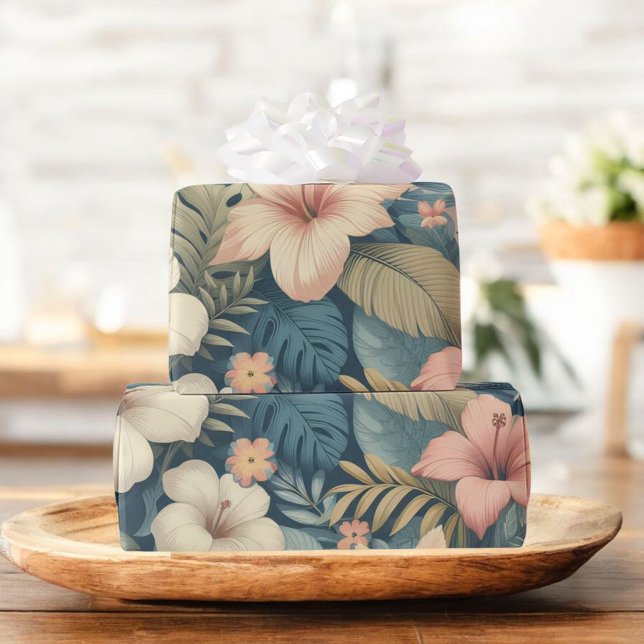 Papel De Regalo Hojas de palma hawaiana con flores tropicales rosa (Subido por el creador)