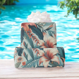Papel De Regalo Hojas de palma hawaiana con flores tropicales rosa