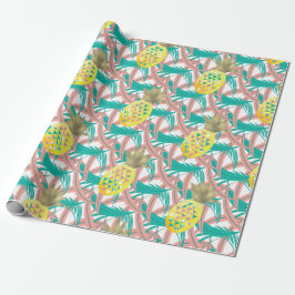 Papel De Regalo Hojas de Palma Multicolor Tropicales Piñas de Oro