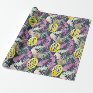Papel De Regalo Hojas de Palma Multicolor Tropicales Piñas Doradas