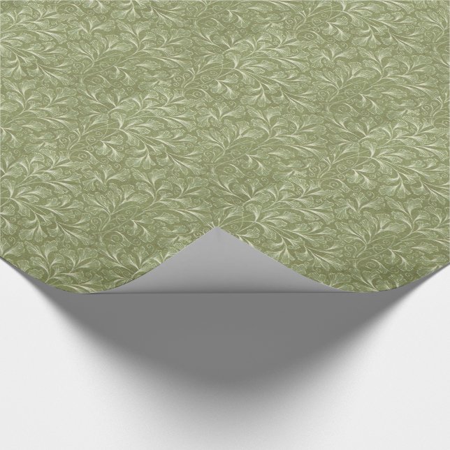 Papel De Regalo Hojas del biloba del Ginkgo en verde salvia (Esquina)