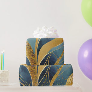 Papel De Regalo Hojas doradas y azules en abstracto
