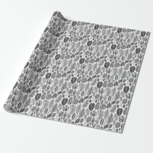 Papel De Regalo Hojas exóticas, blanco y negro floral vintage.