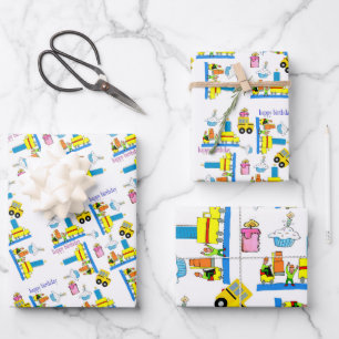 Papel de regalo hojas feliz cumpleaños camiones
