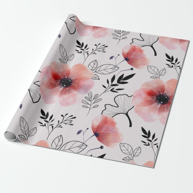 Papel De Regalo Hojas florales naranjas delicadas y modernas (Desenrollado)