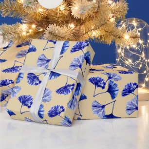 Papel De Regalo Hojas gingko azules y blancas
