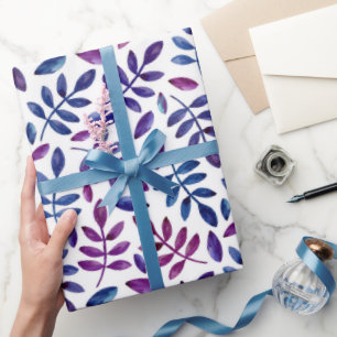 Papel De Regalo Hojas moradas azules. Patrón floral de acuarela