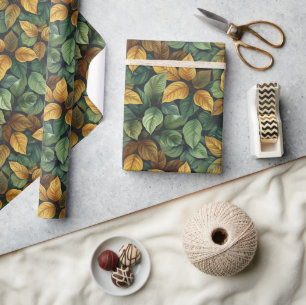 Papel De Regalo Hojas otoñales de terracota verde naranja amarillo