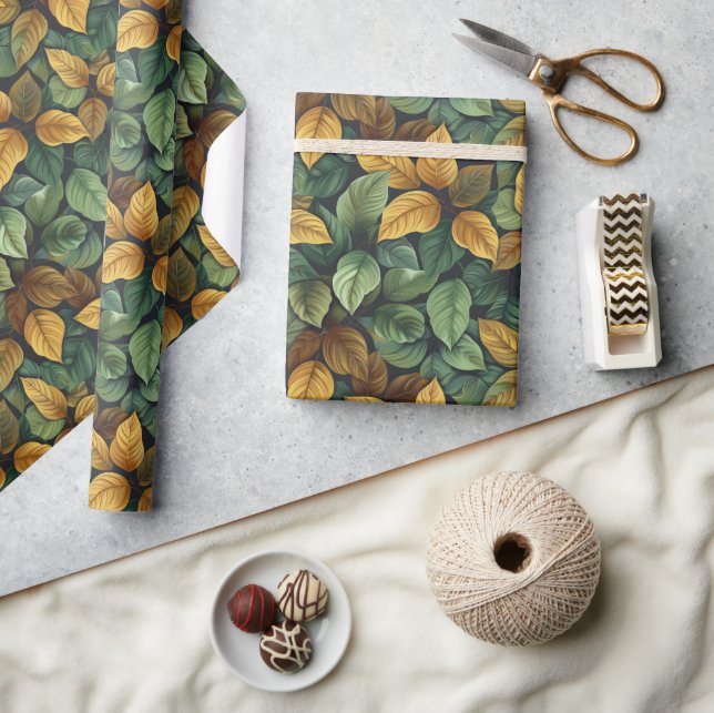 Papel De Regalo Hojas otoñales de terracota verde naranja amarillo (Artesanía)