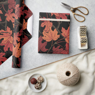 Papel De Regalo Hojas rojas de arce de otoño sobre negro