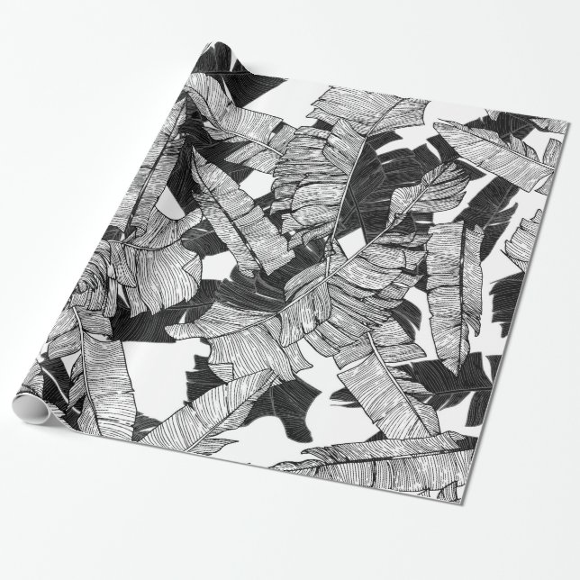 Papel De Regalo Hojas tropicales blancos y negros modernas del (Desenrollado)