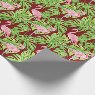 Papel De Regalo Hojas tropicales de flamenco rosa en Borgoña