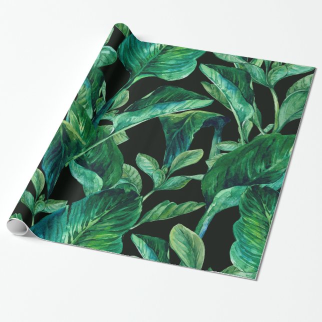 Papel De Regalo Hojas tropicales de la acuarela del verde azul (Desenrollado)