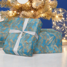 Papel De Regalo Hojas tropicales de oro azul turquesa