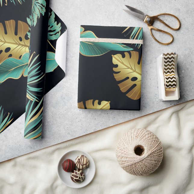 Papel De Regalo Hojas tropicales de oro verde moderno (Artesanía)
