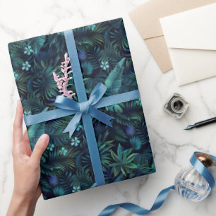 Papel De Regalo Hojas Tropicales Flores Azules