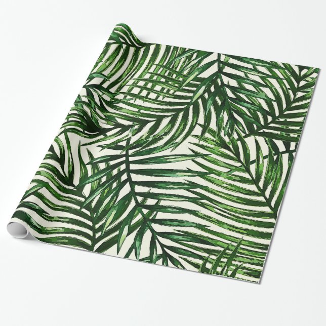 Papel De Regalo Hojas tropicales verdes finas en blanco (Desenrollado)