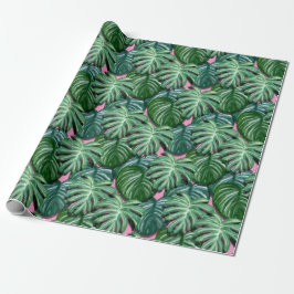 Papel De Regalo Hojas Tropicales Verdes y Rosadas