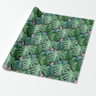 Papel De Regalo Hojas Tropicales Verdes y Rosadas
