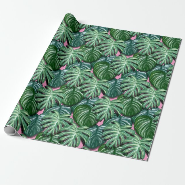 Papel De Regalo Hojas tropicales verdes y rosas (Desenrollado)
