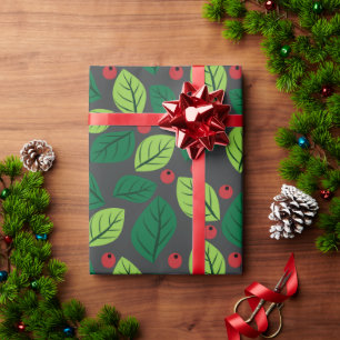 Papel De Regalo Hojas verdes, bayas rojas, patrón de hojas
