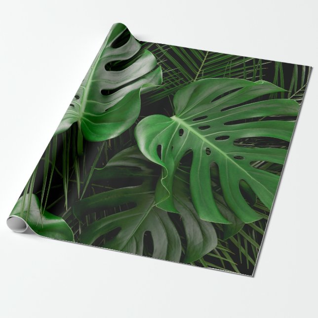 Papel De Regalo Hojas verdes de monstera y hojas de palma (Desenrollado)