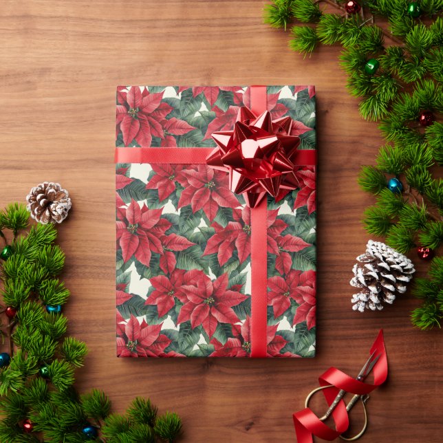 Papel De Regalo Hojas verdes de Poinsettias Rojas (Regalo de vacaciones)