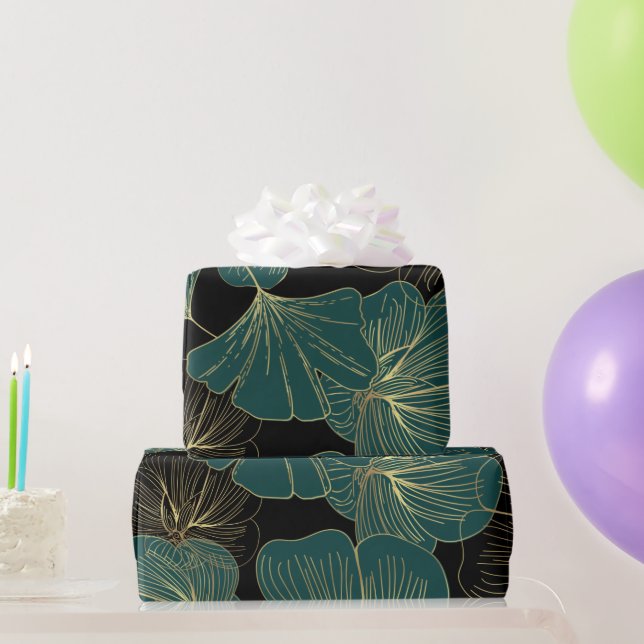 Papel De Regalo Hojas verdes doradas (Regalos de fiesta)