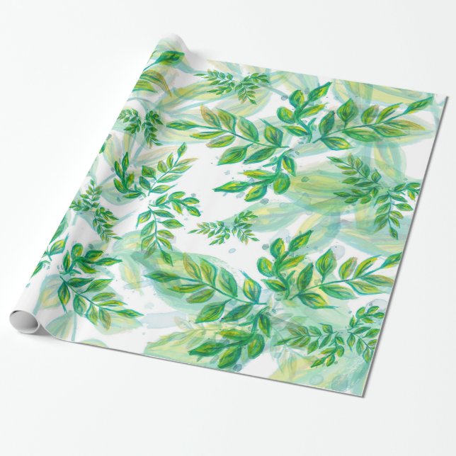 Papel De Regalo Hojas Verdes Y Amarillas (Desenrollado)